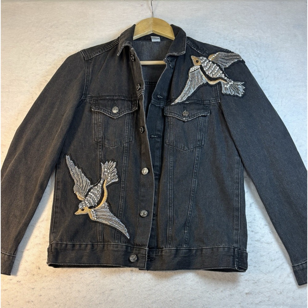 H&M Women's Black Embroidered Bird Beaded Button Jacket US 6 Moto Biker